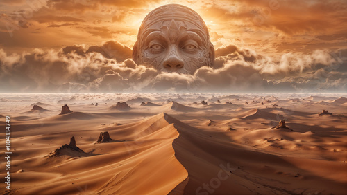 Fantasy desert dunes landscape with a gigantic stone statue head of a mythical earth elemental demi god appearing from the clouds on the horizon.