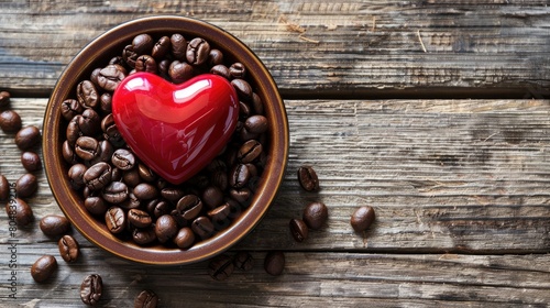 A heart shaped ornament resting in a saucer filled with aromatic coffee beans placed on a rustic wooden tabletop serves as part of the charming decor for Valentine s Day and Mother s Day ce