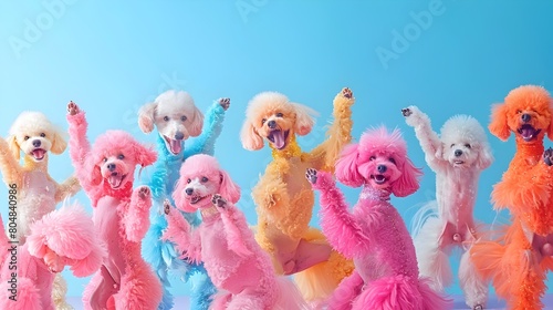 Lively Pack of Poodle Cheerleaders Enthusiastically Performing in Vibrant Costumes Against Pastel Backdrop