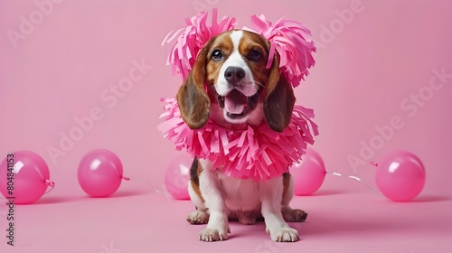 Cheerful Beagle Pup in Vibrant Pink Cheerleading Costume on Plain Background