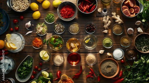 An assortment of ingredients and garnishes laid out on a table ready for the mixologist to create unique mocktails.