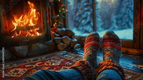 Cozy winter socks by a roaring fire, the epitome of warm comfort on a chilly evening
