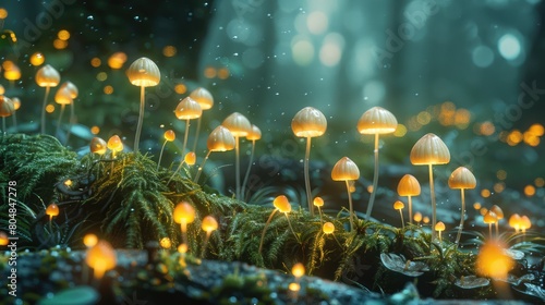 white polystyrene packaging, all over the forest floor with nodding head moss poking through, the spore heads are neon yellow colour, photorealistic