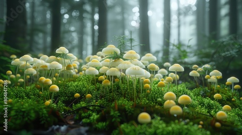 white polystyrene packaging all over the forest floor with nodding head moss poking through the spore heads are neon yellow colour,