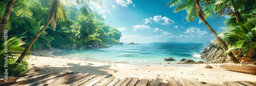 Tranquil Beach Scene with Palms and Clear Blue Water, Sunny Day at Seychelles, Perfect Tropical Getaway