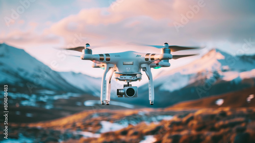 Drone in calm sky with camera, mountains background, Ai generated Images