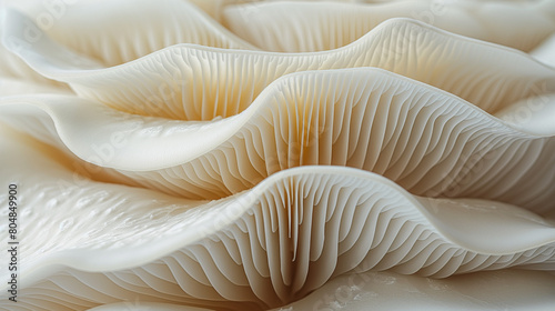 Abstract background of white mushroom gills. Closeup photo for design, dark and melancholic music video. photorealistic, high resolution, composition