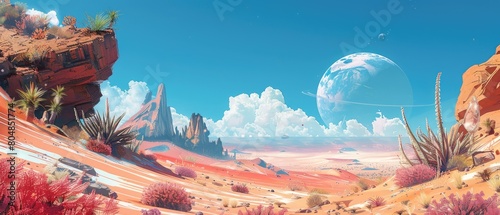 An illustration of a desert landscape with a blue sky and a large moon in the background. The foreground is a desert with red rocks and sand.