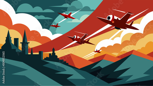 Against a backdrop of rolling hills a squadron of war planes roars past a symbol of strength and unity in the face of adversity.. Vector illustration