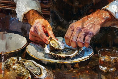 Captivating artwork: A painting depicting a man gracefully holding a plate of delectable oysters. A culinary masterpiece.