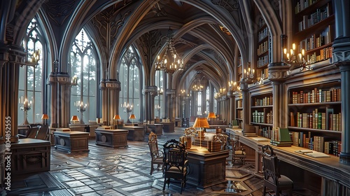 Magnificent a large ancient library with high gothic arches, stained glass windows, vintage wooden