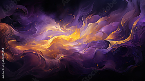 Abstract Art of Purple and Gold Color Fluttering Brush Strokes on Background