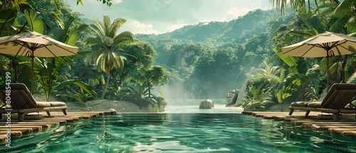 Tropical Paradise Landscape, Dense Jungle Leading to a Clear Blue Lagoon