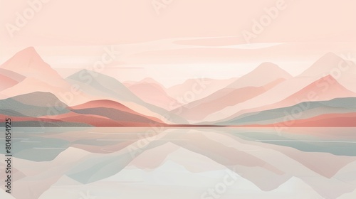 Picture a landscape where the calm rhythms of nature are captured in a minimal illustration, with mountains and a lake bathed in gentle peach hues, reflecting a peaceful setting AI Generate