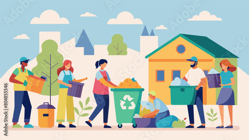 A neighborhood cleanup day where residents sort and collect recyclable materials to be transformed into new items by local upcycling businesses.. Vector illustration