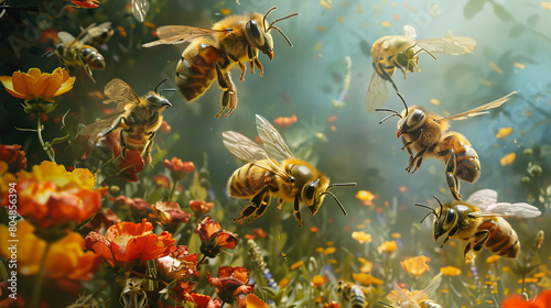 close up honey bees flying around dewy wild flowers garden.