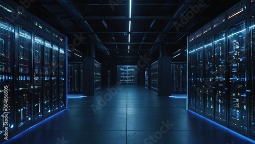 Server racks from a modern data centre in a dark room with visual effects. Display Idea of Data Flow, Digitalization of Internet Traffic, and Internet of Things. Advanced Electrical Equipment Storage 