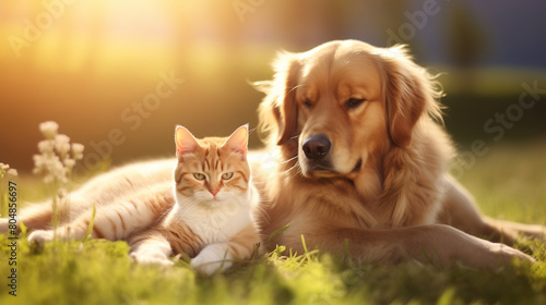 golden retriever dog and cat on grass in sunlight background