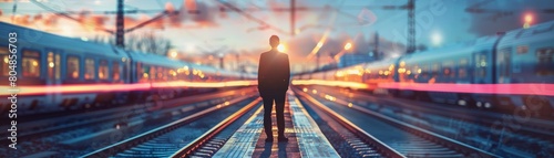A businessman standing on a train platform as two trains pass.