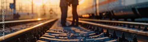 A couple standing on a railroad track with an oncoming train in the background
