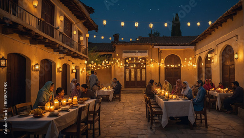 People have dinner in a street restaurant. Evening cafe with a warm garlands. AI generative,people celebrate eid ul adha. 