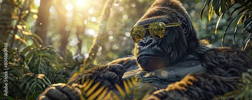 Powerful gorilla with reflective shades relaxes against a tree in a sun-dappled summer rainforest. 3D rendering.
