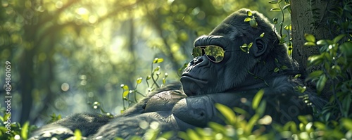 Dappled sunlight nap: Powerful gorilla with reflective shades finds refuge in a sun-dappled rainforest haven. Summer vibes. 3D art.
