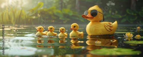 Following mama: Mother duck with aviator sunglasses leads her fluffy ducklings across a calm pond. Summer fun. 3D rendering.