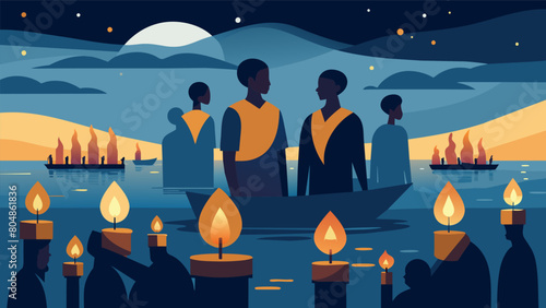 A gathering at a waterfront with candles floating on the water as a tribute to the ancestors who were brought to America through slavery.. Vector illustration