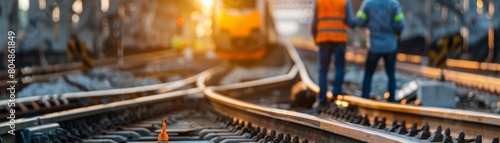 Railway tracks with blurred figures of two workers in orange vests in the distance.