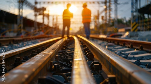 Railway tracks with blurred figures of two workers in the distance