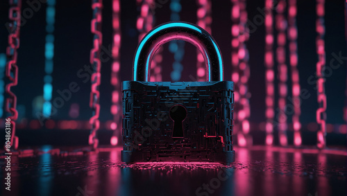 A security and cyber security firewall for technology background. ,A blue padlock with a metal hasp is locked on a chainlink fence. The background is dark .