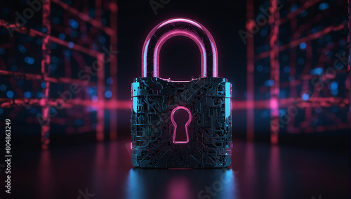 A security and cyber security firewall for technology background. ,A blue padlock with a metal hasp is locked on a chainlink fence. The background is dark .