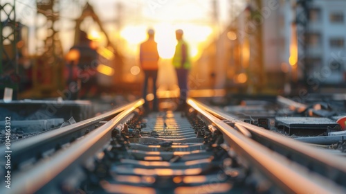 Railway tracks in the foreground with an out of focus shot of two figures standing in the distance.