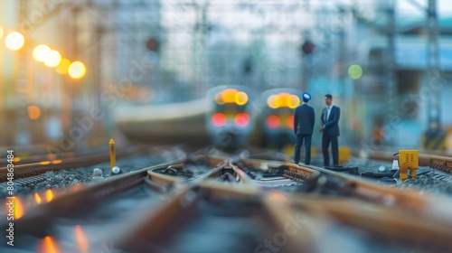 Two businessmen stand on a railroad track as a train approaches.