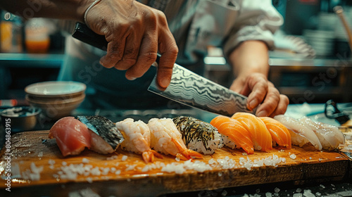 A chef is preparing a delicious sushi platter