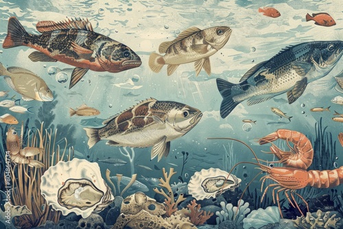 A painting of various fish and crustaceans in a blue ocean
