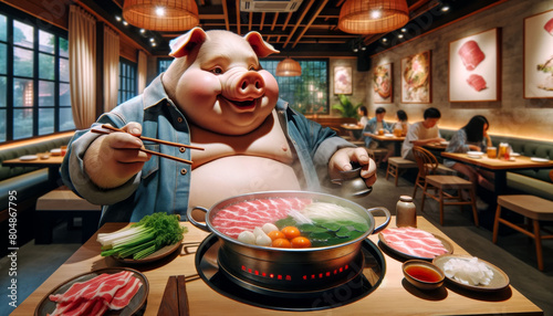A pig wearing a denim shirt is sitting at a table in a restaurant, eating hot pot.