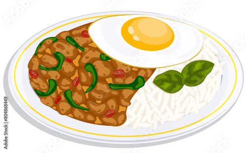 Thai Holy Basil Stir Fry with Ground Chicken - Pad Kra Pao Vector Illustration 