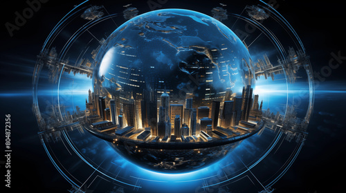 Futuristic city within a transparent globe or sphere. This sphere surrounds the city entirely, suggesting a protective or isolating function, possibly indicating an advanced, self-sustaining city syst