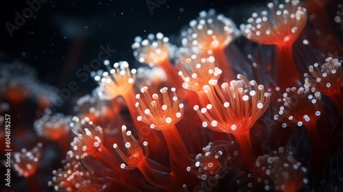 Close-up of coral spawning, a crucial event in the reef lifecycle, captured with a focus on the release of gametes,