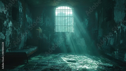 Dark prison cell with bed