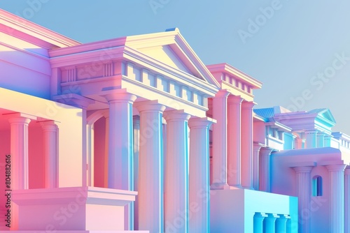 A large building with a white facade and colorful pillars