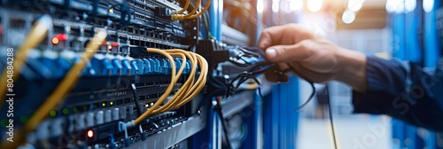 a person's hand holding a yellow wire is seen in front of a blue wall, next to a rack of electrical equipment