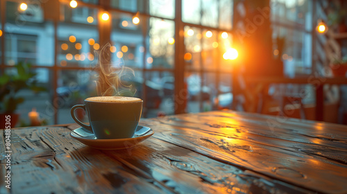 A cinematic view of a cappuccino coffee mug with smoke on a rough wooden table in a cafe with panoramic windows. a cup of coffee at sunset in a cafe 