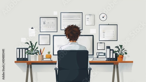 The illustration shows a stressed multitasking man trying to get everything done in time using a computer. Monochrome sketch illustrates a male office worker rushing through his work isolated on