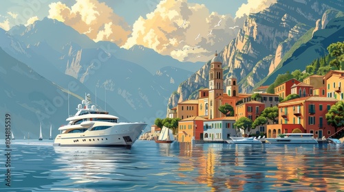 Modern flat illustration of city on mountain with amazing seascape. Ship, yacht or sea vessel at harbor of modern town. Tourism place with cableway on its seaside. Urban landscape with water