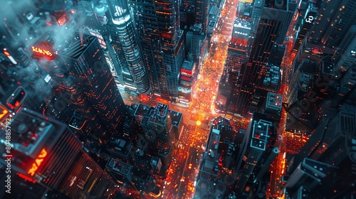 Capture the intricate patterns of bustling financial districts from above in stunning macro photography Illuminate the interactions between finance and urban landscapes with meticu