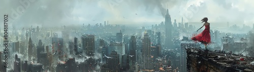 Immerse in the eerie beauty of a panoramic view of a dystopian cityscape
