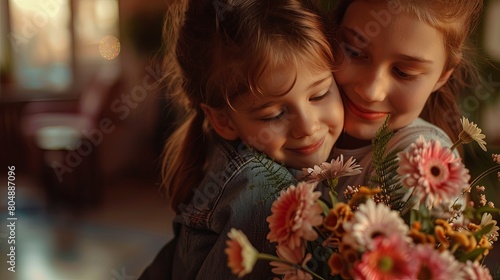 Warm Mother's Day moment: Child gives mother card and flowers.